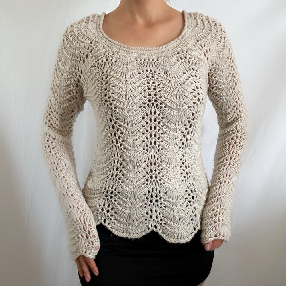 Y2K cream taupe knit long sleeve sweater top crochet fairy small American Eagle